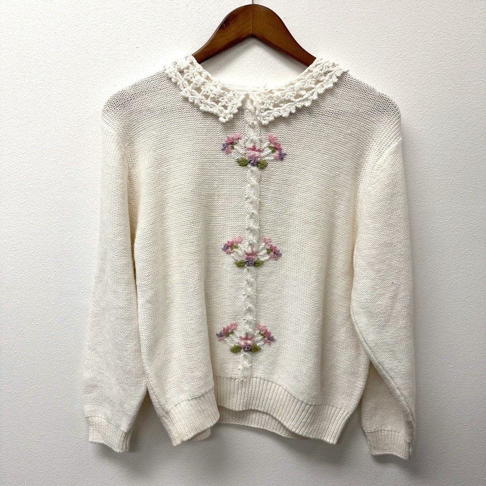 Vintage RUSS Embroidered Crochet Collar‎ Cottagecore Sweater Cream M